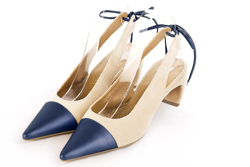 Prussian blue and champagne beige women's slingback shoes. Pointed toe. Medium comma heels. Front view - Florence KOOIJMAN